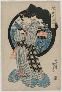 Mujer con un espejo de mano de la serie Los seis ríos Tama del mundo flotante, c. principios de 1830 de Utagawa Kunisada
