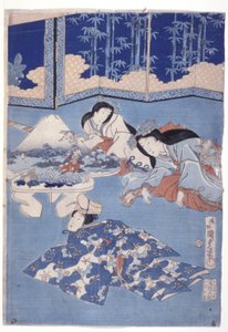 Bienvenida a la primavera con una reunión de flores (Hana Soroi Haru No Taimen) (xilografía en color) de Utagawa Kunisada II