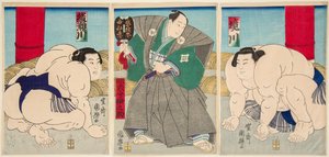 Combate de los luchadores de sumo Shakaigawa y Ayasemawa