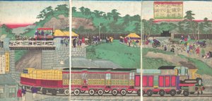 Ilustración de una locomotora de vapor corriendo en el ferrocarril de Takanawa en Tokio de Utagawa Kuniteru