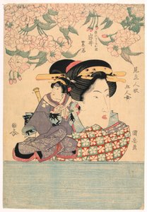 Pentaptych: Cinco niñas con marionetas de teatro de Utagawa Kuniyasu
