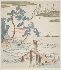Un granjero cruza una pasarela de Utagawa Kuniyoshi