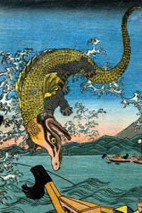 La lucha de Asahina Yoshihide con dos cocodrilos en el mar frente a Kamakura Kotsubo de Utagawa Kuniyoshi