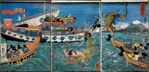 La Lucha de Asahina Yoshihide con Dos Cocodrilos en el Mar frente a Kamakura Kotsubo de Utagawa Kuniyoshi