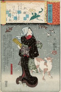 Bijin con un perro en la nieve, de la serie Genji mitate