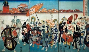Valiente Kuniyoshi con su diseño de Paulownia (Isamashiki Kuniyoshi kiri no tsuimoyō) 1848