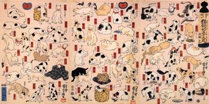 Gatos. De la Serie Cincuenta y Tres Estaciones del Tokaido Tríptico, ca. 1848 de Utagawa Kuniyoshi