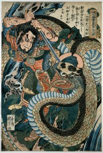 Chūsenko Teitokuson (Ding Desun) atacado por una serpiente en un camino de montaña de Utagawa Kuniyoshi