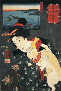 Primer plano de una joven con un gato en sus brazos de Utagawa Kuniyoshi