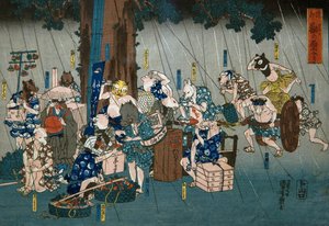 Animales cómicos refugiándose de la lluvia de Utagawa Kuniyoshi