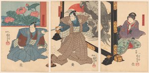 Tres actores en un biombo de Utagawa Kuniyoshi