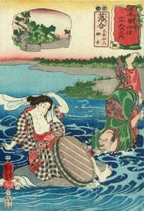 Kume Sennin cae en un río al ver a una mujer con el pecho desnudo agachada en una roca, Estación 45, publicado por Hayashi Shoehi de Utagawa Kuniyoshi