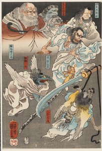 Minamoto Yoshitsune lucha contra Benkei en el puente de Gojō, con la ayuda de los demonios tengu de Utagawa Kuniyoshi