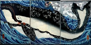 Miyamoto Musashi mata a una ballena enorme, c.1847