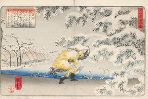 Moso caminando por la nieve con una azada, para recoger brotes de bambú para hacer sopa para su madre, firmado Ichiyusai Kuniyoshi ga, c.1843 de Utagawa Kuniyoshi
