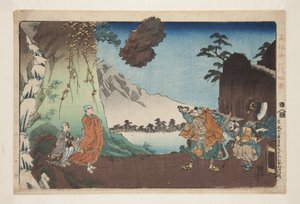 Nichiren y la roca levitante en el Monte Komuro el 28 de mayo de 1274 (grabado en madera a color) de Utagawa Kuniyoshi