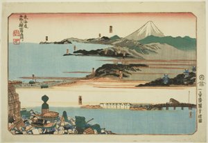 Nihonbashi, Shinagawa, Kawasaki y Kanagawa, de la serie "Lugares famosos en las cincuenta y tres estaciones del Tokaido, Cuatro estaciones (Tokaido gojusan eki yonshuku meisho)" de Utagawa Kuniyoshi