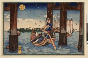Señales de peregrinos revoloteando en el mar bajo el puente cerca de la isla de Tsukuda, de la serie Vistas famosas de la capital oriental. de Utagawa Kuniyoshi