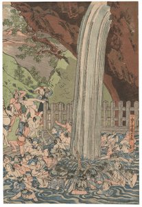 Peregrinos en la cascada Roben en Oyama, firmado Ichiyusai Kuniyoshi, publicado por Azumaya Daisuke, sello kiwame, tríptico Oban tate-e de Utagawa Kuniyoshi