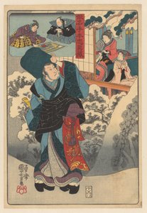 Monje viajero en un paisaje nevado mira hacia la habitación con su esposa y su hijo Kanadehon chûshingura (título de la serie sobre el objeto) de Utagawa Kuniyoshi