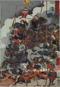 Hoja de un tríptico de impresión en bloque de madera a color, titulado Eiroku yonnen kugatsu yokka Kawanakajima kassen ni Yamamoto Kansuke nyūdō no uchijini no zu