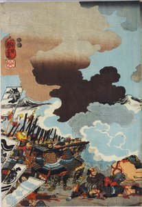 Hoja de un tríptico de impresión en bloque de madera a color, titulado Eiroku yonnen kugatsu yokka Kawanakajima kassen ni Yamamoto Kansuke nyūdō no uchijini no zu de Utagawa Kuniyoshi