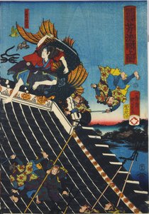 Hoja de un tríptico de xilografía en color, titulado Hōryūkaku shō no zu que representa una escena del Hakkenden de Takiwzawa Bakin mostrando una pelea en el techo del templo entre Inuzuka Shino