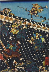 Hoja de un tríptico de impresión en madera a color, titulado Hōryukaku shō no zu representando una escena del Hakkenden de Takizawa Bakin mostrando una pelea en el techo del templo entre Inuzuka Shino (derecha), y la policía bajo Inukai Kempachi, adaptado  de Utagawa Kuniyoshi