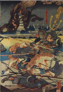 Hoja de un tríptico de xilografía en color, titulado Shinshū Odai kassen no zu (La batalla de Odai en la provincia de Shinano), que representa a Odai Akarokurō Yorisada lanzando una lanza a tres hombres mientras su castillo arde en el fondo: Japón, Edo, po de Utagawa Kuniyoshi