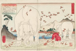 Taishun cavando un campo con la ayuda de elefantes y un grupo de gorriones, firmado Ichiyusai Kuniyoshi ga, c.1843