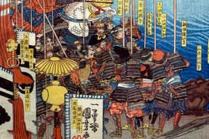 Takeda Shingen aplasta las fuerzas de Suwa Yorishige (Takeda Shingen Suwa Yorishige no jinchū o uchi-kuzusu zu), c.1850-51 de Utagawa Kuniyoshi