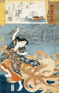 Tamatori (buceadora ama), siendo atacada por un pulpo mientras agarra una joya sagrada