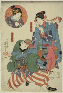 Los actores Bando Shuka I como un recolector de té (Chatsumi), Ichimura Uzaemon XII como un entrenador de monos (Sarumawashi), y Onoe Kikugoro II como Umegae (inserto) de Utagawa Kuniyoshi