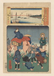 La estación Shinagawa (título sobre objeto) Las cincuenta y tres estaciones de la carretera Tokaido (título de la serie sobre el objeto) de Utagawa Kuniyoshi