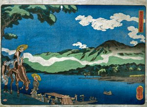 Vista del ferry de Tamura en el camino de Ōyama en la provincia de Sagami (Sōshū Ōyama-dō Tamura no watashi no kei) de Utagawa Kuniyoshi