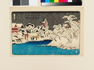 Vista de la nieve en Benten HIll, templo de Kinryūzan. de Utagawa Kuniyoshi