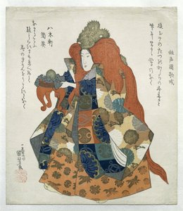 Mujer con corona de dragón y mesa de ofrendas de Utagawa Kuniyoshi