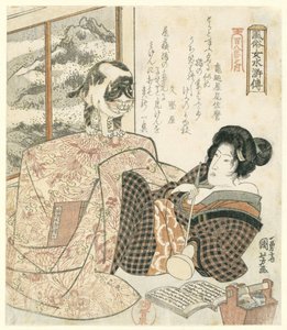 Mujer con gato sobre la mesa Mujeres elegantes como héroes de Suikoden: de una serie de Ciento ocho (título de la serie) Fûzoku onna Suikoden - Hyakuhachiban no uchi (título de la serie sobre el objeto) de Utagawa Kuniyoshi