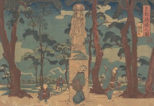 Caminantes mirando la estatua de Jizo Bosatsu en un pinar en Hashiba, ca. 1840