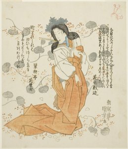 Mujer sosteniendo un abanico en la boca de Utagawa Kuniyoshi