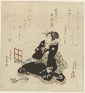 Mujer preparando verduras en un mortero de Utagawa Sadafusa