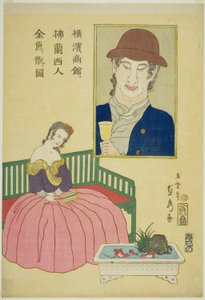 Mujer francesa admirando peces dorados en una tienda en Yokohama (Yokohama no shokan ni Furansujin kingyo wo moteasobu zu) de Utagawa Sadahide