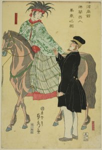 Comerciantes de Yokohama: Mujer francesa a caballo de Utagawa Sadahide