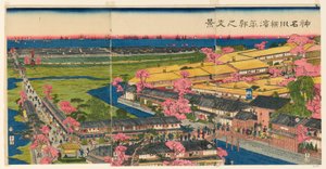 Vista Panorámica de los Barrios de Placer en Yokohama, Kanagawa (Kanagawa Yokohama hanakuruwa no kokei) de Utagawa Sadahide