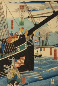 Comerciantes occidentales en Yokohama transportando mercancías y pasajeros, 1861 de Utagawa Sadahide