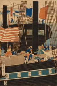 Comerciantes occidentales cargando mercancías en Yokohama, 1861