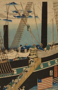 Comerciantes occidentales cargando mercancías en Yokohama, 1861 de Utagawa Sadahide