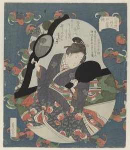 La belleza mira su peinado
Espejo
Kagami (título en el objeto)
Tres tesoros sagrados para la sociedad poética Sugawararen (título de la serie)
Sugawararen sanshu no jingitakara (título de la serie en el objeto) de Utagawa Sadakage