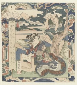 Mujer ocupada tejido de fieltro El río Tôi en Settsu, número tres Tôi - sono san (título sobre objeto) The Six Jewel Rivers (título de la serie) Mutamagawa no uchi (título de la serie sobre el objeto) de Utagawa Sadakage