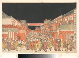 Estampa en perspectiva (Uki-e) de los teatros de Sakaichō y Fukiyachō en la noche de apertura de Utagawa Toyoharu